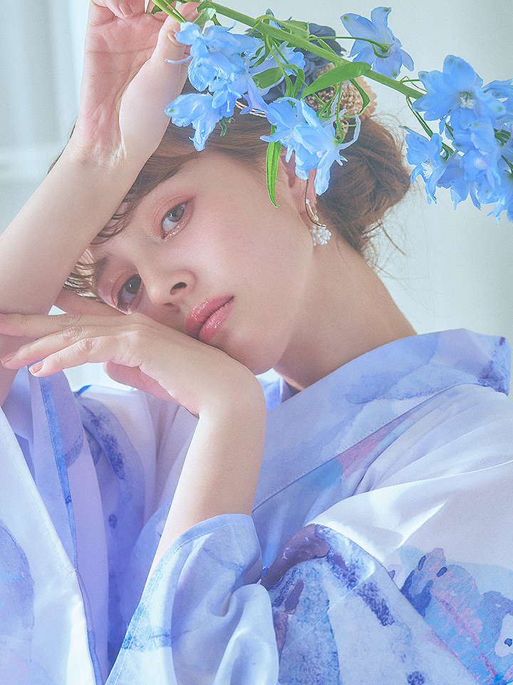 即日発送】水彩フラワーブルー浴衣【浴衣3点セット 浴衣/帯/下駄