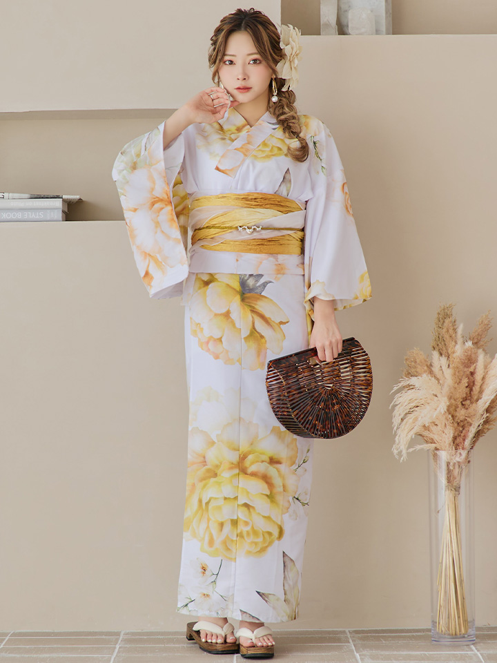 即日発送】アンニュイイエローフラワー浴衣【浴衣3点セット 浴衣/帯