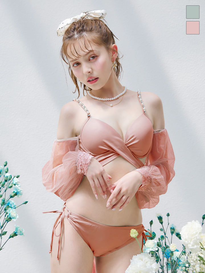 即日発送】【ビキニ】【水着】ふんわりシアー長袖ビキニ 2点セット