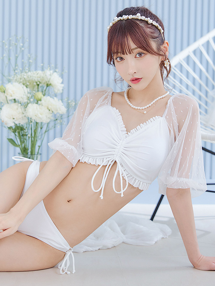 即日発送！】【ビキニ】【水着】ドットチュール袖バストフリルビキニ 3