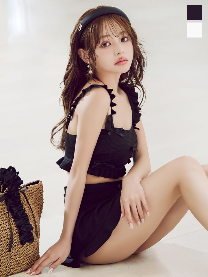 即日発送】【ビキニ】【水着】立体リボンフリルスカートビキニ 3点