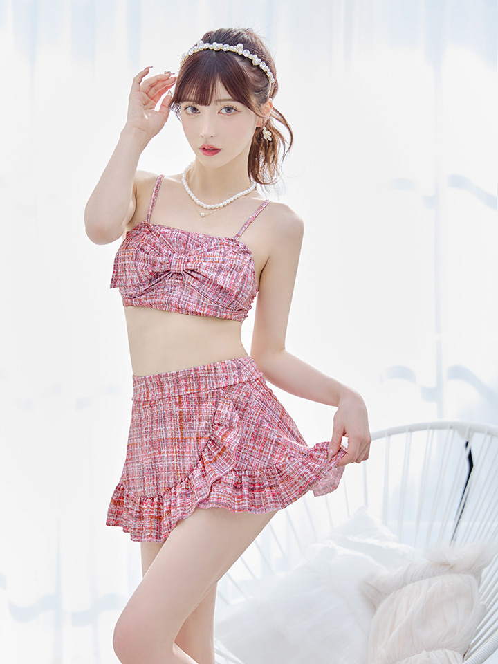 即日発送】【ビキニ】【水着】2WAYツイード柄ビッグリボンビキニ 2点