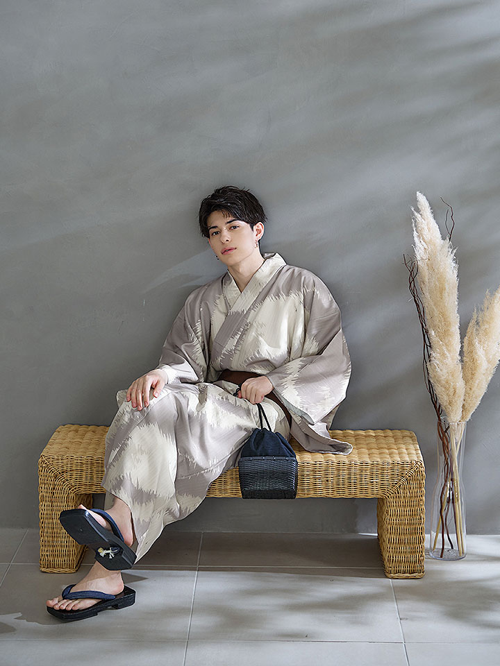 即日発送！】【メンズ浴衣】グレージュモザイク柄浴衣【浴衣3点セット