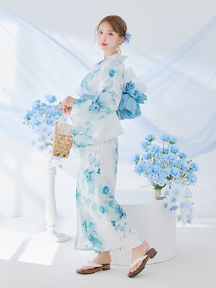 即日発送】ブルーグレイニュアンスフラワー浴衣【浴衣3点セット】[OF04