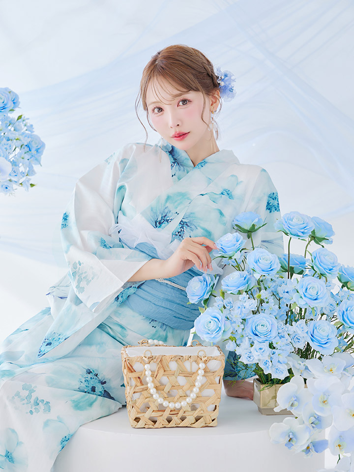 即日発送】ブルーグレイニュアンスフラワー浴衣【浴衣3点セット】[OF04