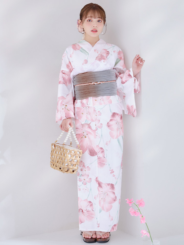 即日発送】ニュアンスピンク水彩朝顔浴衣 【浴衣3点セット 浴衣/帯