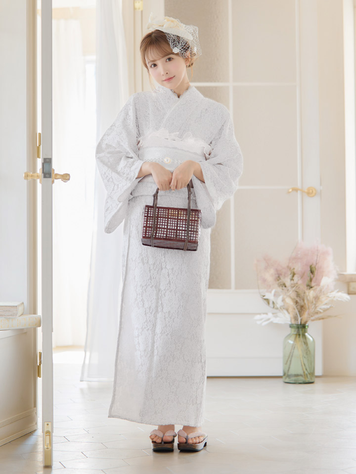 即日発送】【浴衣セール】白レース浴衣 【浴衣3点セット 浴衣/帯/下駄