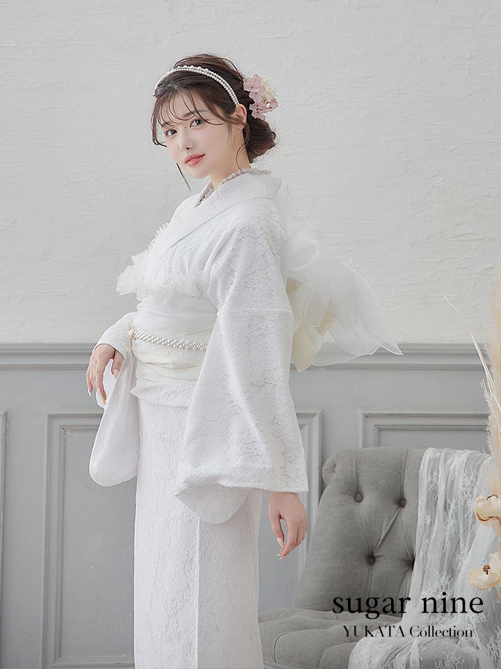 即日発送】【浴衣セール】白レース浴衣 【浴衣3点セット 浴衣/帯/下駄