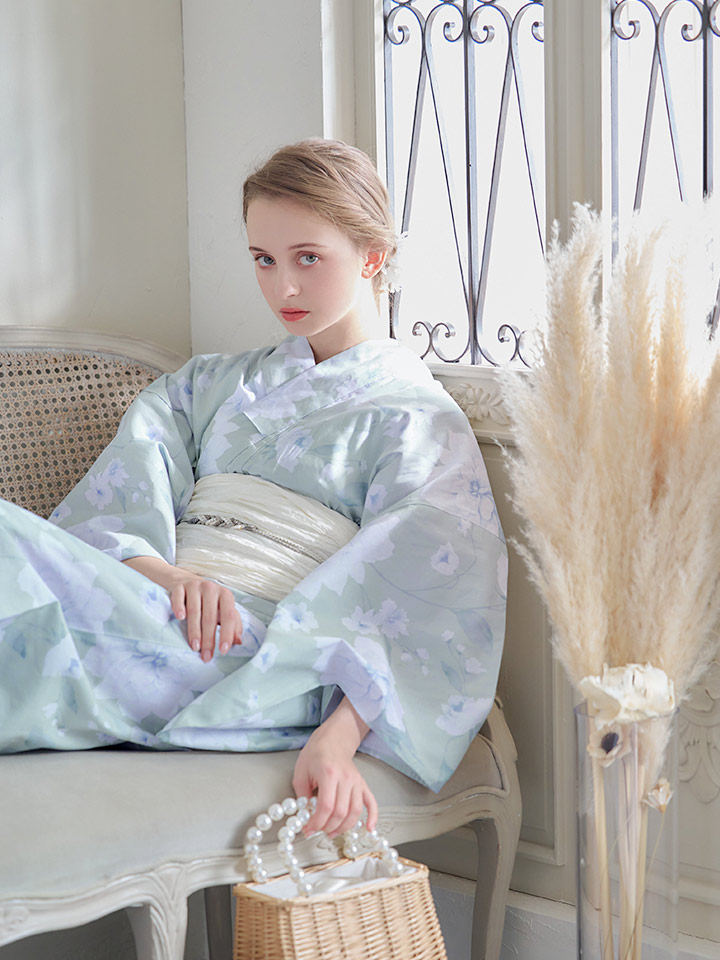 即日発送】【浴衣】ミント地x牡丹浴衣 【浴衣3点セット 浴衣/帯/下駄