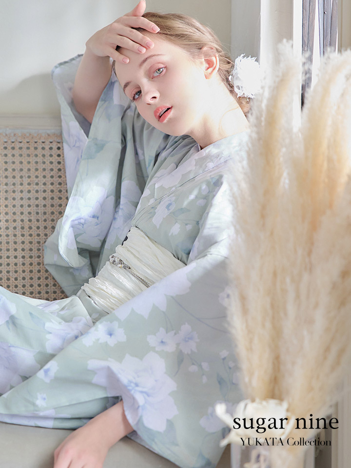 即日発送】【浴衣】ミント地x牡丹浴衣 【浴衣3点セット 浴衣/帯/下駄