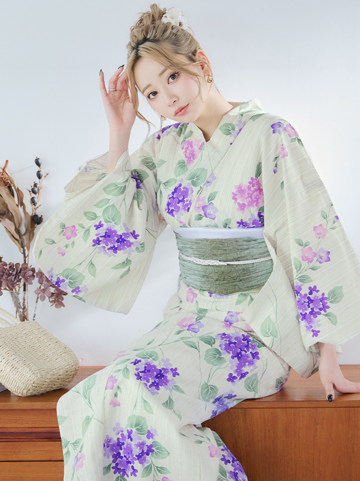 即日発送】クリームストライプ地x紫陽花浴衣【浴衣3点セット 浴衣/帯