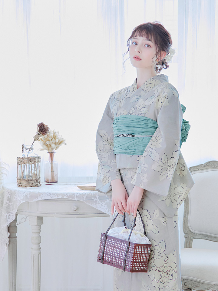 即日発送】【浴衣】グレー地にガーリー牡丹浴衣 【浴衣3点セット 浴衣