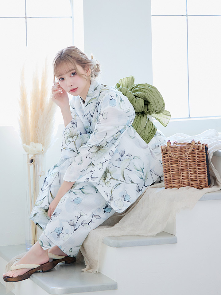 即日発送】水墨風イエロー×ブルー牡丹浴衣 浴衣/帯/飾り紐/下駄4点