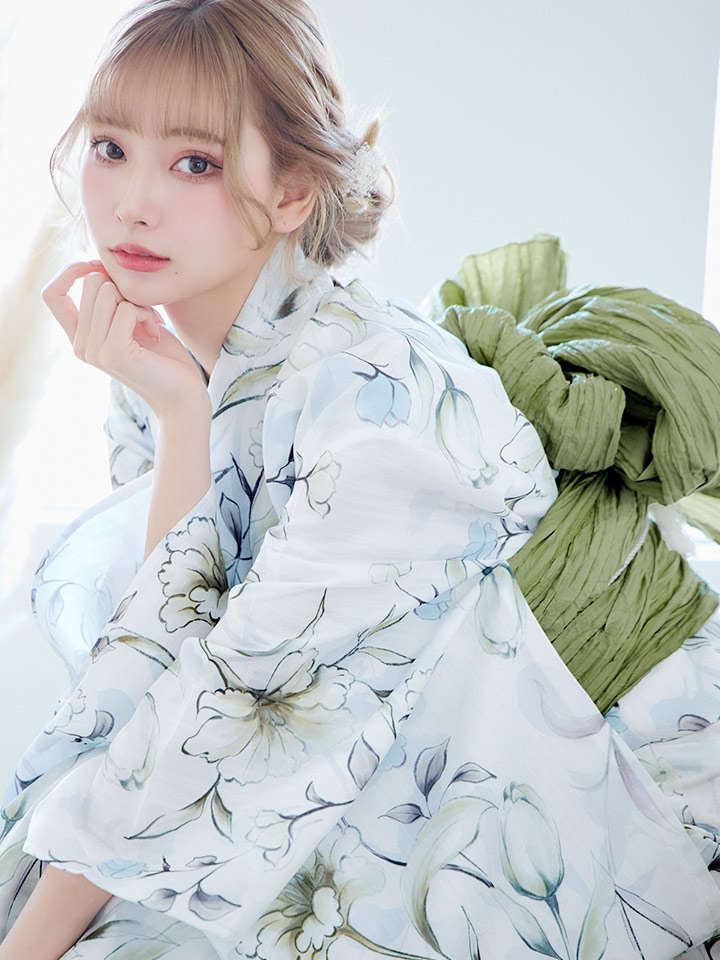 即日発送】水墨風イエロー×ブルー牡丹浴衣 浴衣/帯/飾り紐/下駄4点