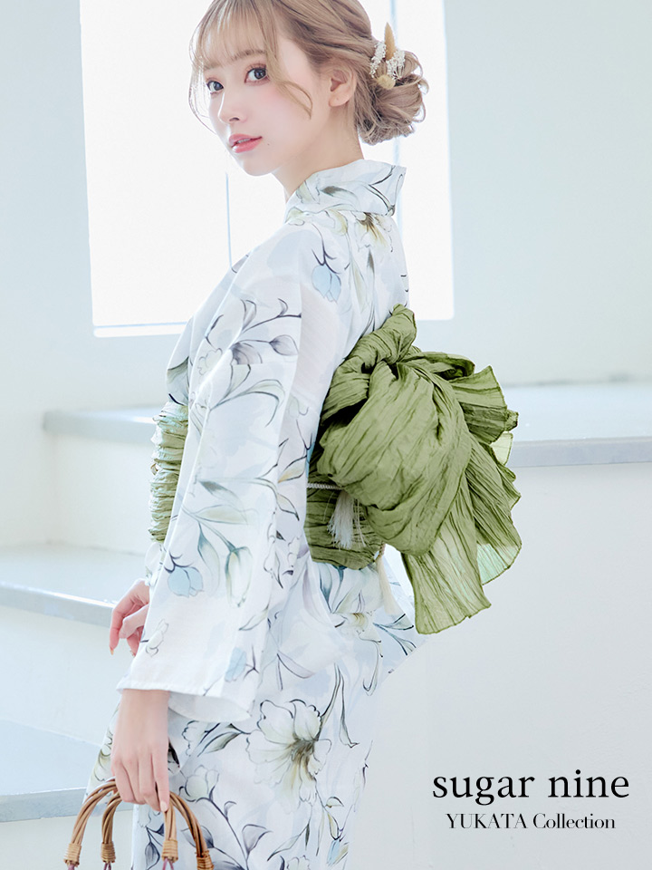 即日発送】水墨風イエロー×ブルー牡丹浴衣 浴衣/帯/飾り紐/下駄4点