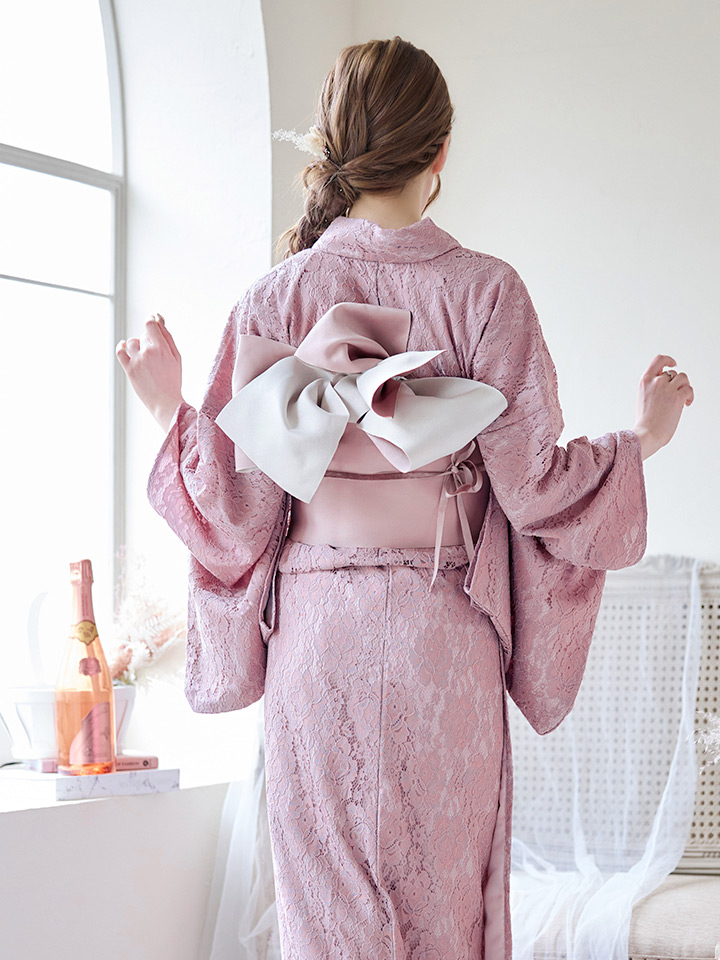 即日発送】ダスティピンクのレース浴衣【浴衣3点セット 浴衣/帯/下駄