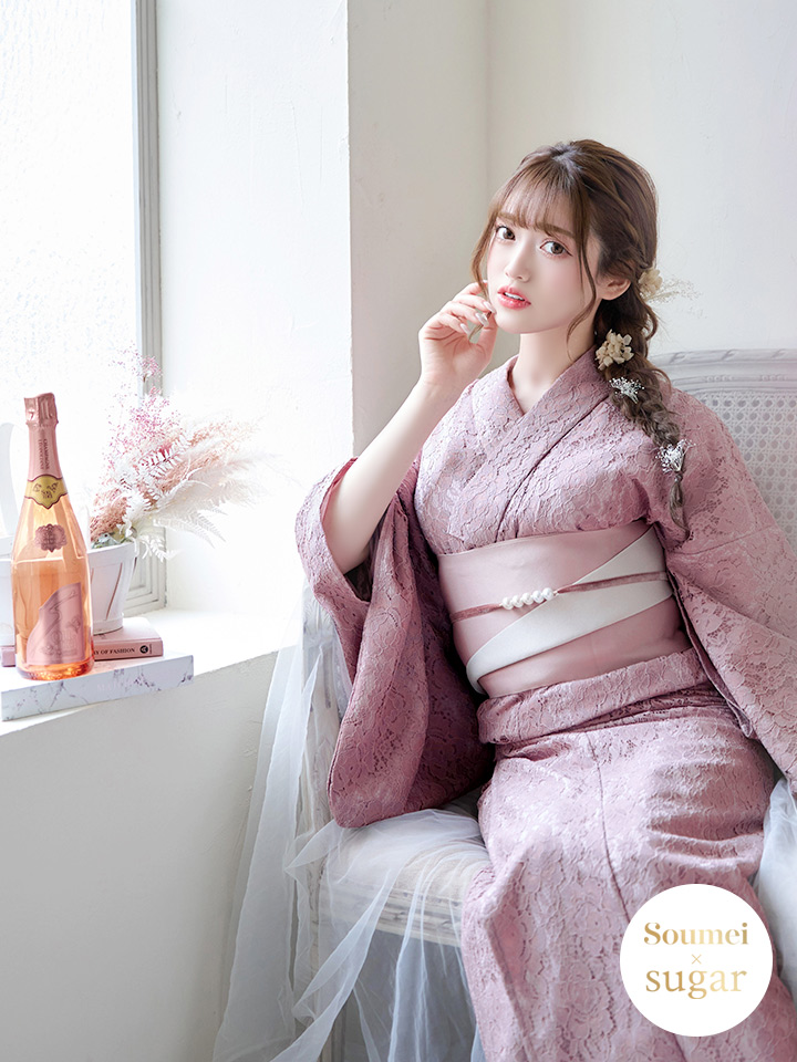 即日発送】ダスティピンクのレース浴衣【浴衣3点セット 浴衣/帯/下駄