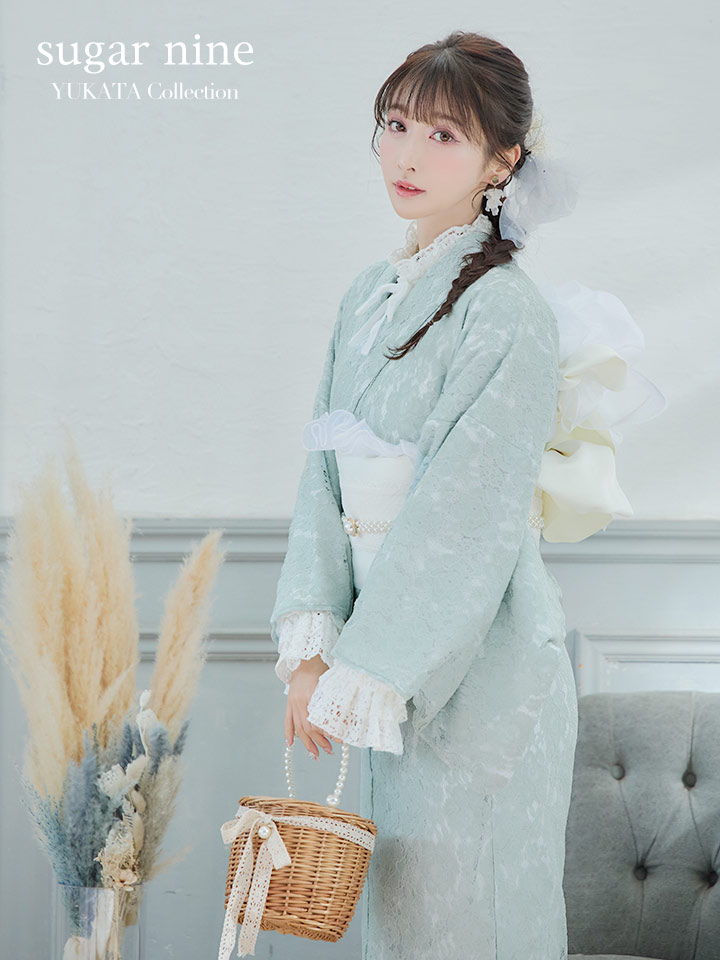 即日発送】ダスティーミントのレース浴衣【浴衣3点セット 浴衣/帯