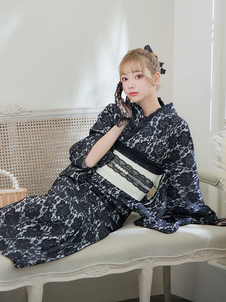 即日発送】ブラックレース浴衣 【浴衣3点セット 浴衣/帯/下駄】[OF04