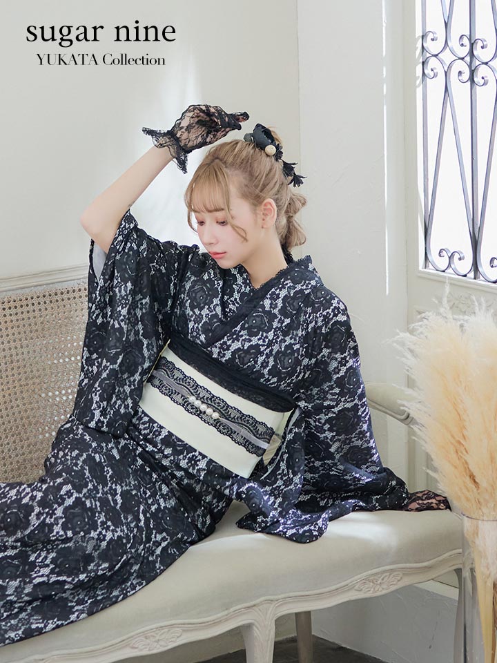 即日発送】ブラックレース浴衣 【浴衣3点セット 浴衣/帯/下駄】[OF04