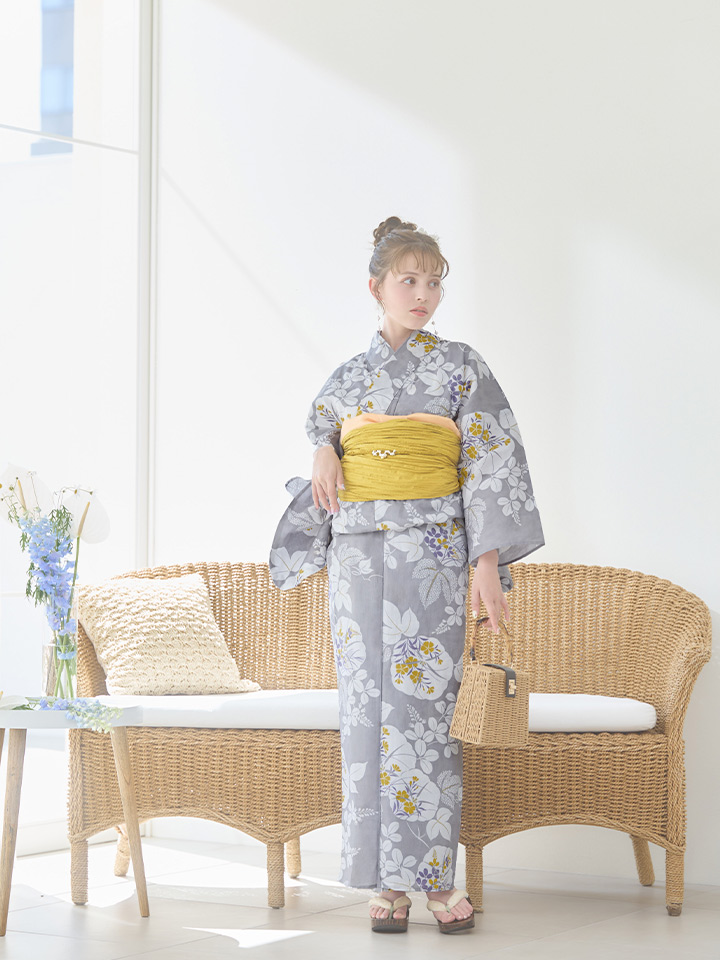 即日発送】グレー×フラワー浴衣【浴衣3点セット 浴衣/帯/下駄】[OF04