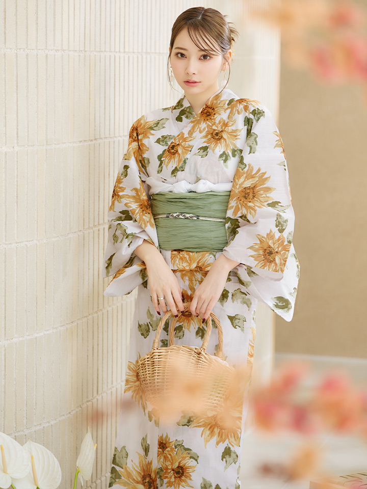 即日発送】水彩向日葵浴衣【浴衣3点セット 浴衣/帯/下駄】[OF04