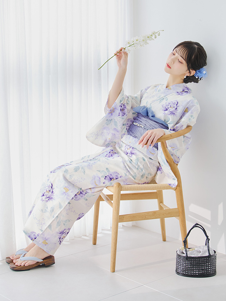 即日発送】水彩紫牡丹柄浴衣【浴衣3点セット 浴衣/帯/下駄】[OF04