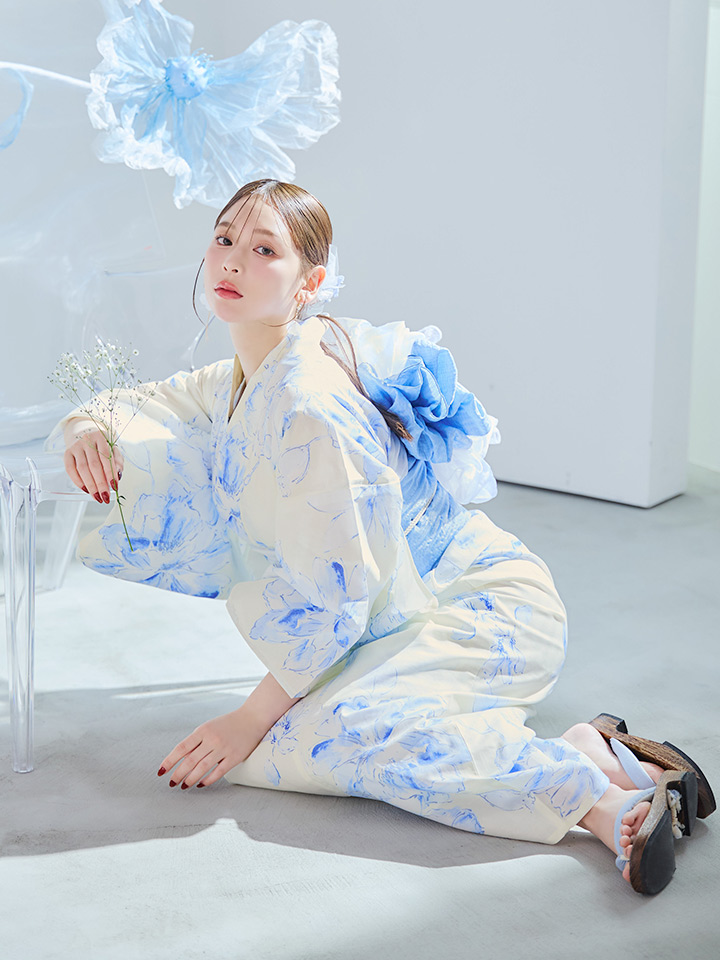 即日発送】グラデーションブルー牡丹和モダン浴衣【浴衣3点セット