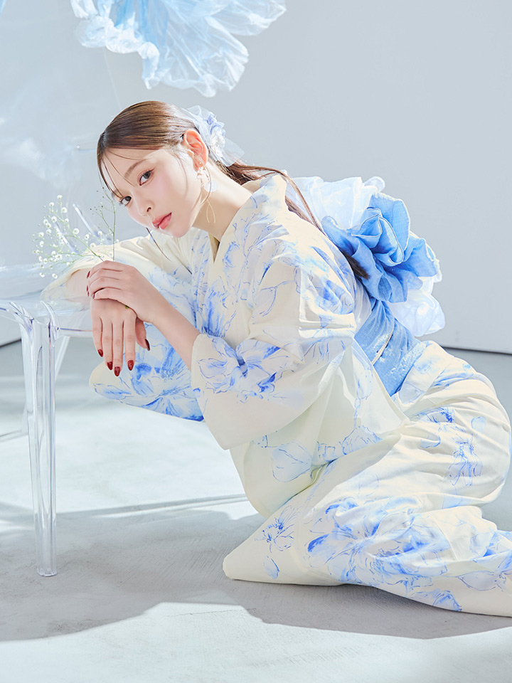 即日発送】グラデーションブルー牡丹和モダン浴衣【浴衣3点セット