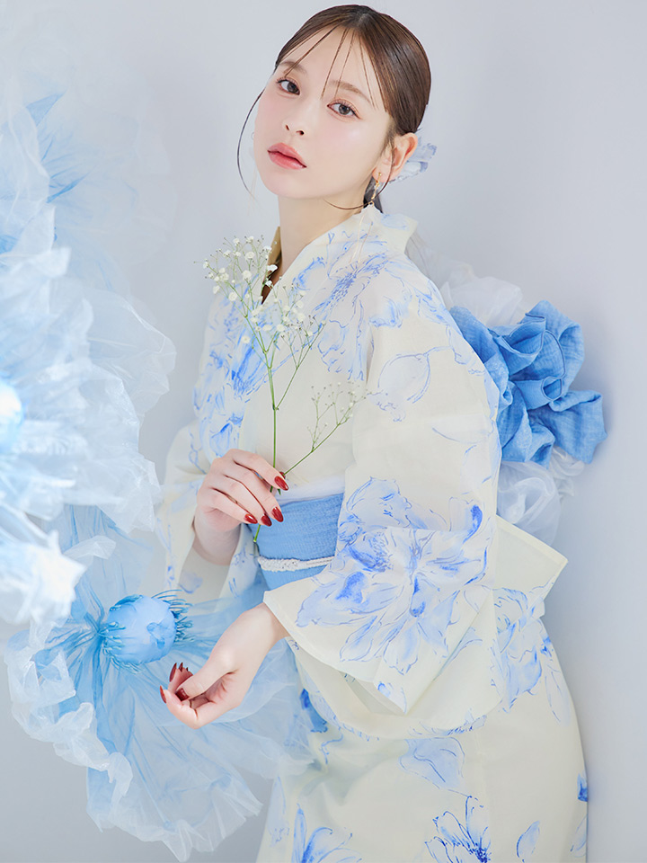 即日発送】グラデーションブルー牡丹和モダン浴衣【浴衣3点セット