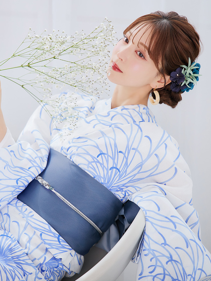 即日発送】白菊月の古典浴衣【浴衣3点セット 浴衣/帯/下駄】[OF04