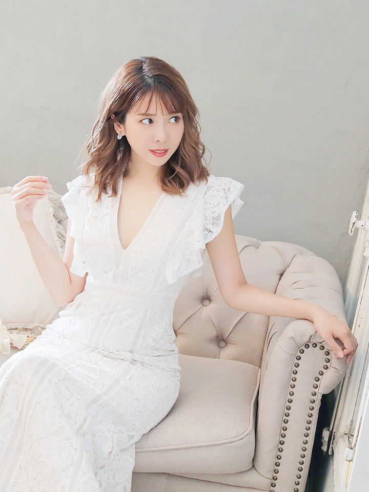 SETTAN/セッタン】総レース/ Vネック/ Aライン/ ワンピース/ ロング