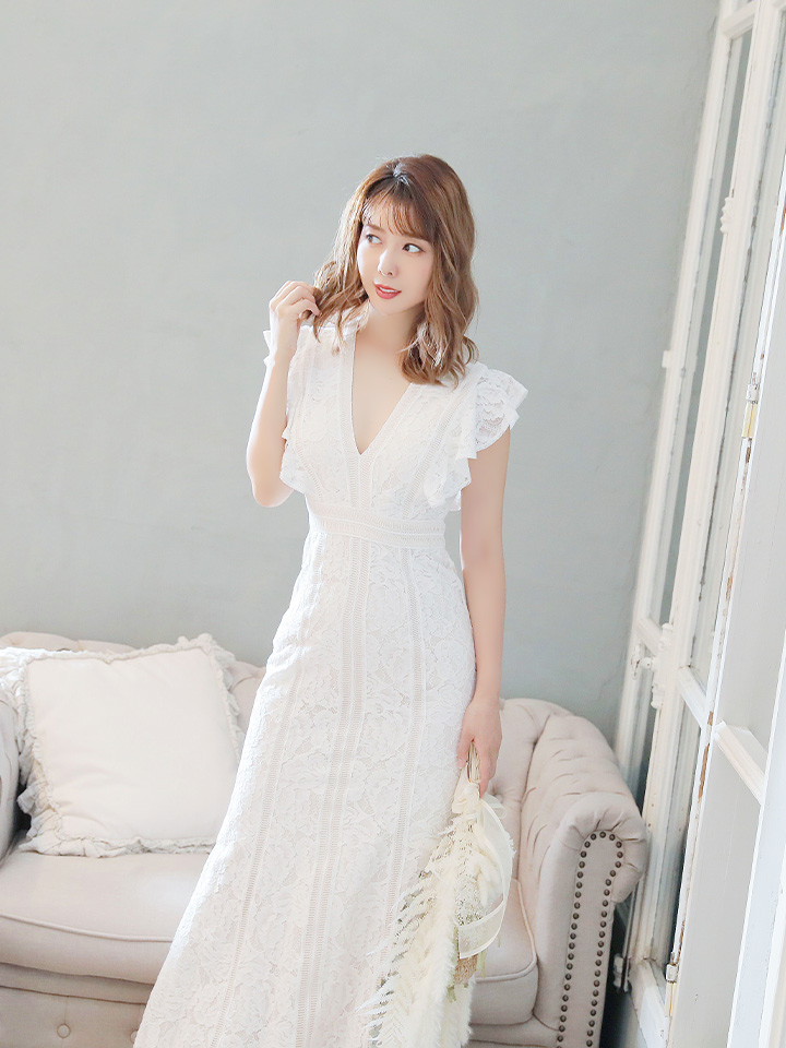 SETTAN/セッタン】総レース/ Vネック/ Aライン/ ワンピース/ ロング