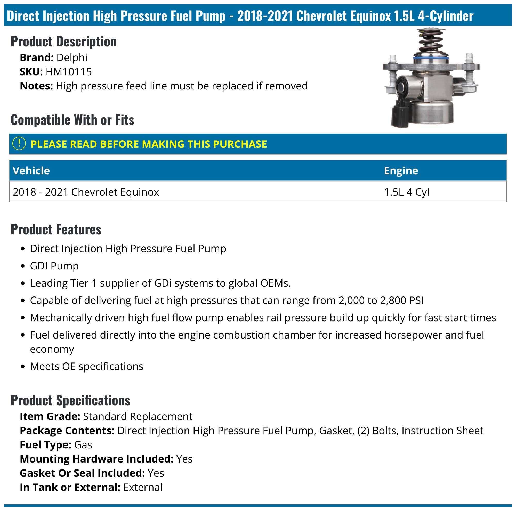 2018-2022 Chevrolet Equinox Fuel Pump - Delphi HM10115 - PartsGeek.com