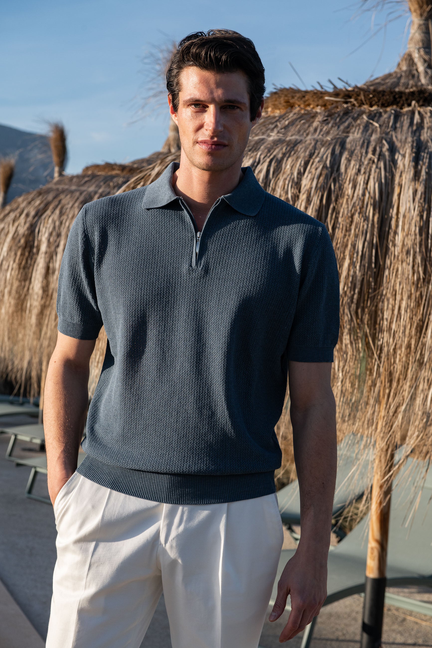 Blue textured knit polo with zip - Made in Italy