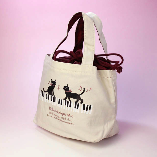 猫と鍵盤 マチつき巾着ミニトート 226372 音楽雑貨・アクセサリー専門