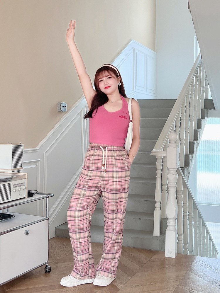 レトロガーリーで可愛すぎ！チェック柄ウエスト紐パンツ☆ - 大きい