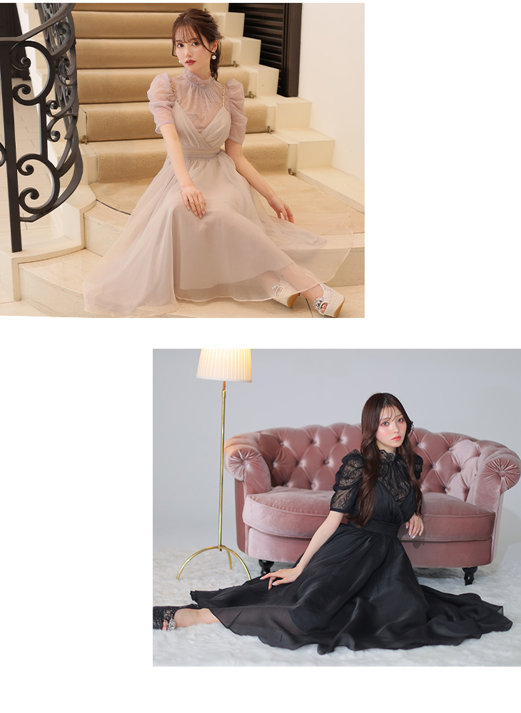 Lサイズあり】チュールxレースブラウスセットフレアミディキャバ