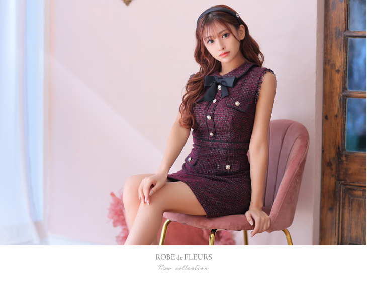 XS～Lサイズあり】ツイードxリボンクラシカル台形ミニキャバドレス