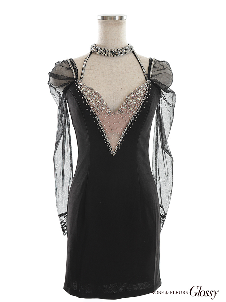 Lサイズあり】ビジューホルターxチュールスリーブストレッチミニ