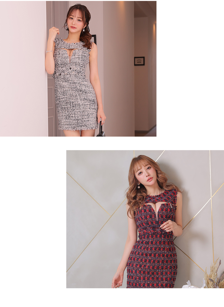 XS～Lサイズあり】ツイードxフロントジッパータイトミニキャバドレス