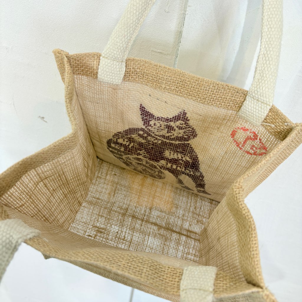 柚木沙弥郎 型染め バッグ 小 猫 茶 かばん 未使用 トートバッグ 作家 中古