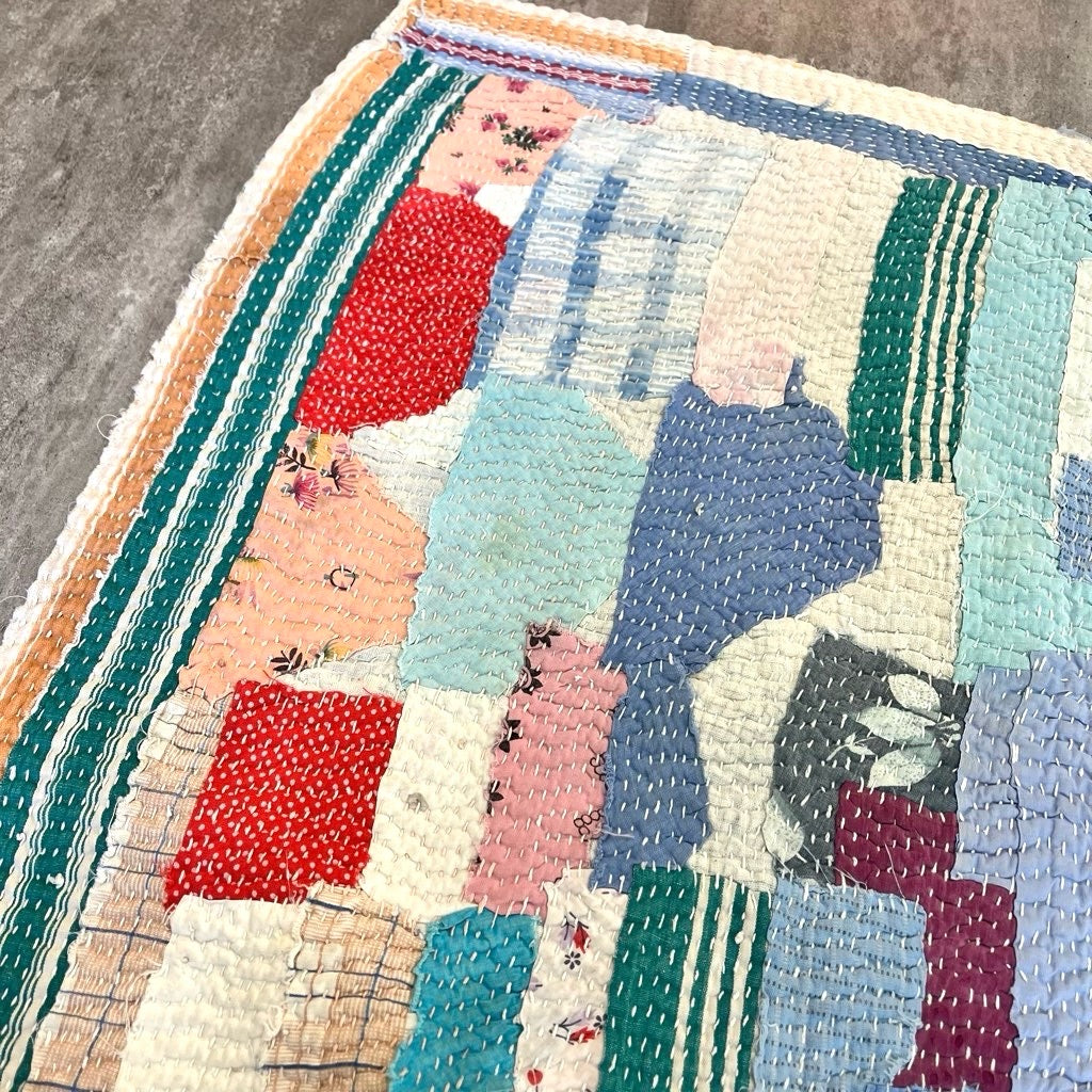 ラリーキルト ラグ パッチワーク ステッチ ブルー ヴィンテージ 中古