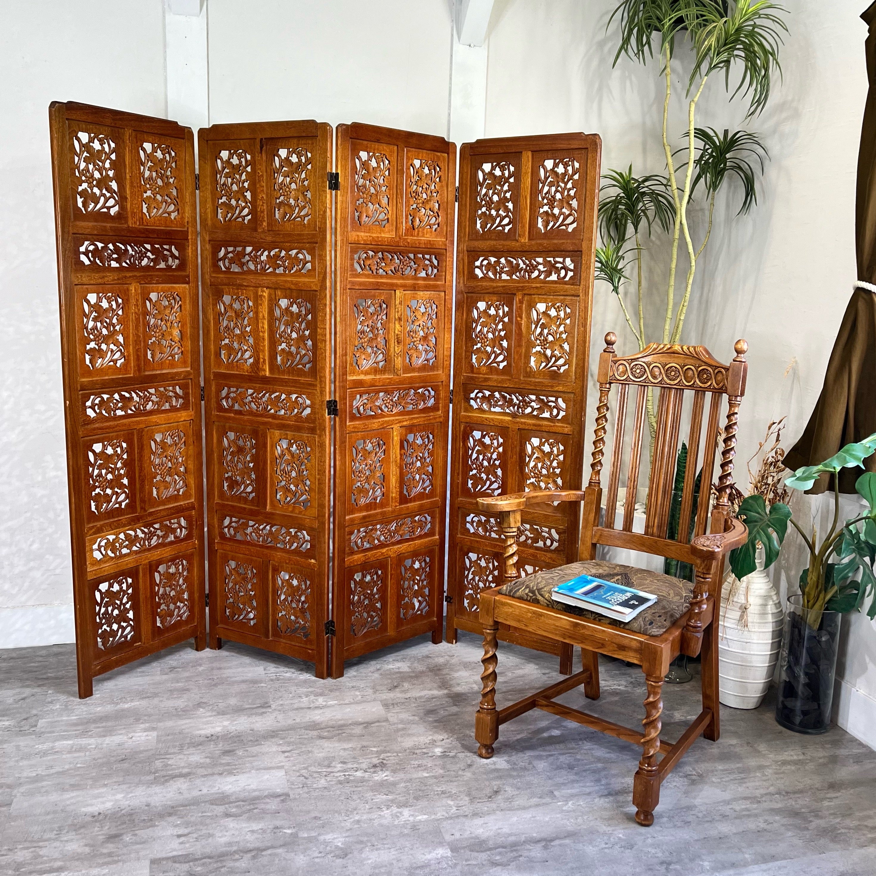 チーク材 パーテーション 4連 アジアン エキゾチック エスニック 中古