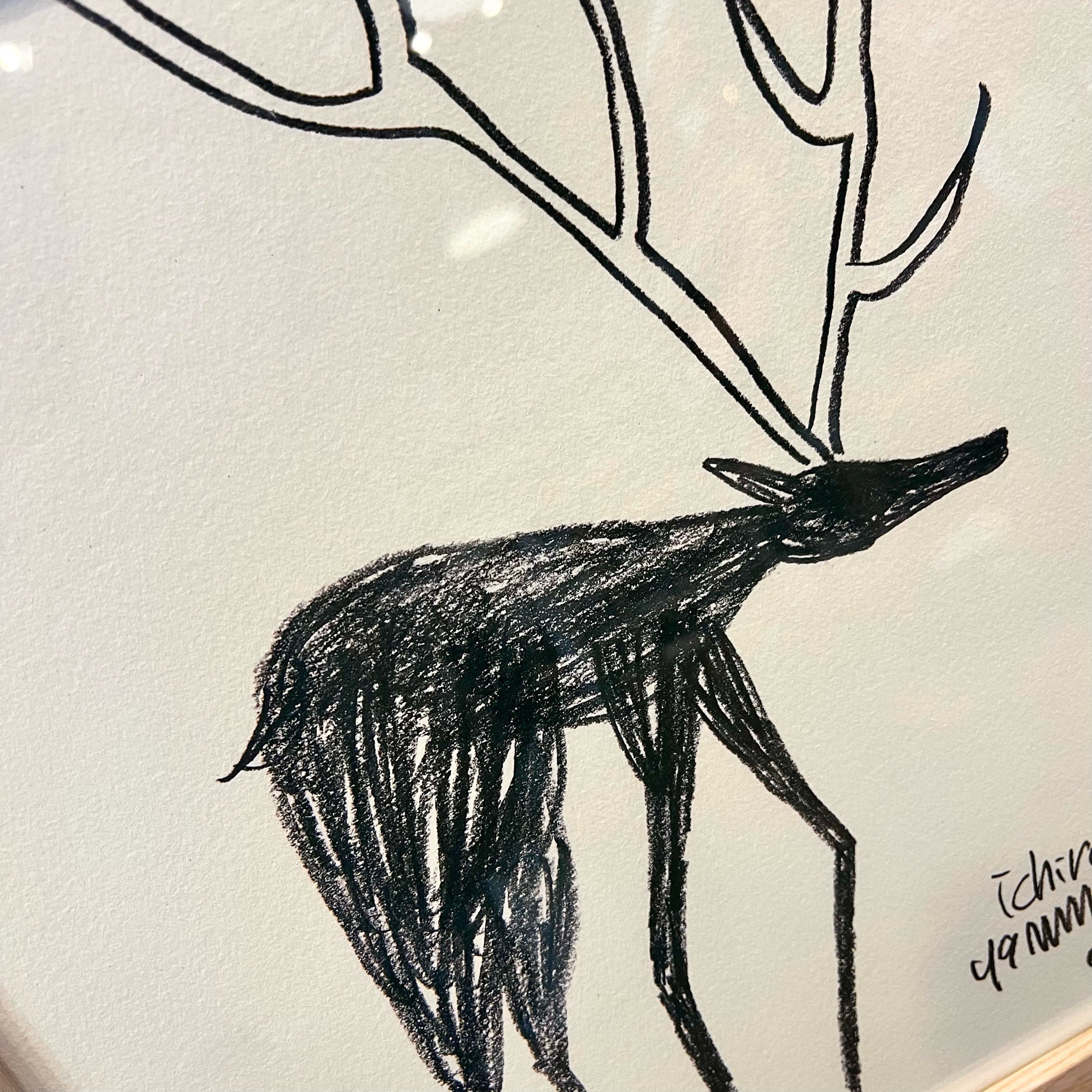 山口一郎 アートポスター トナカイ フレーム付 中古 絵 インテリア雑貨