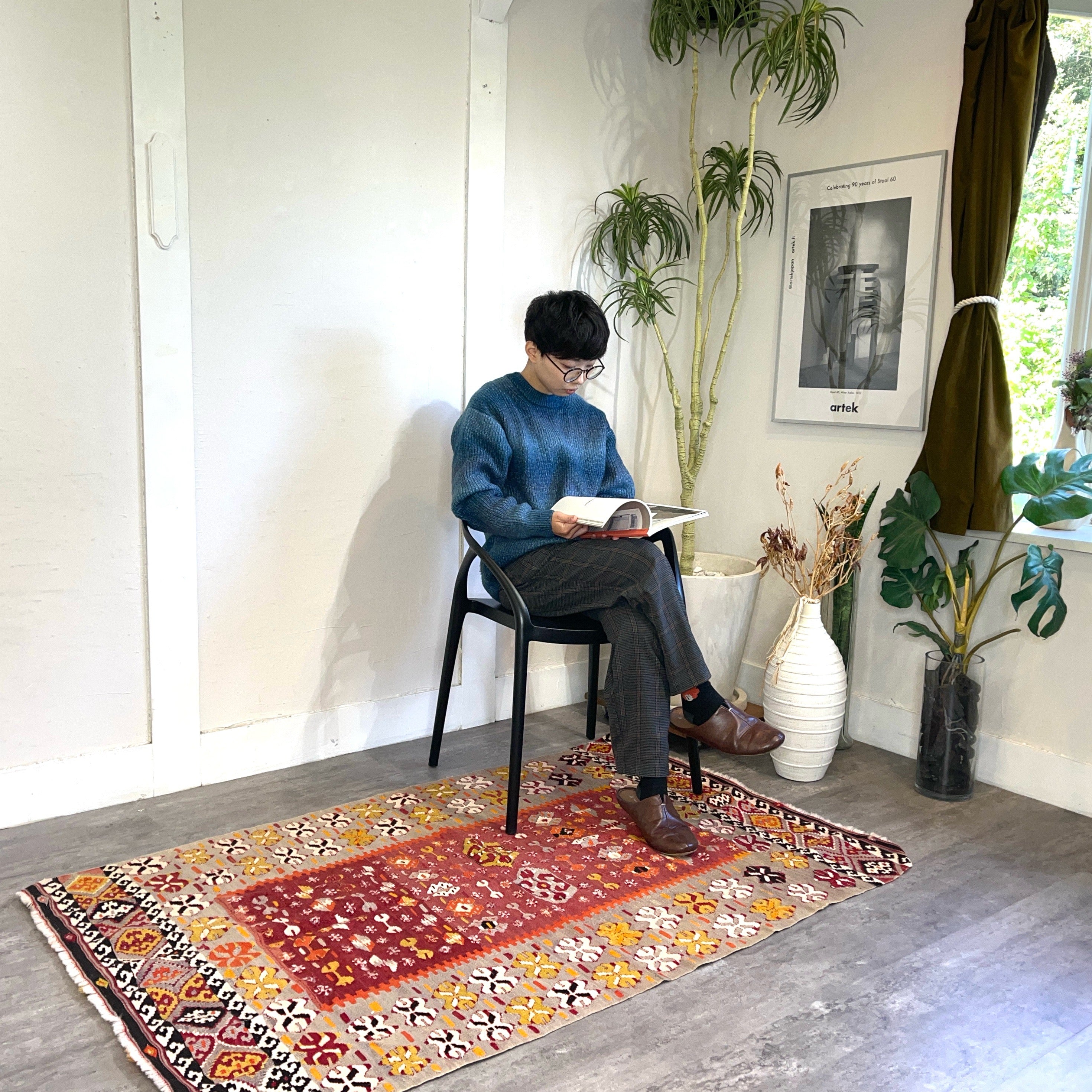 オールドキリムラグ レッド ウール 160×102 敷物 ヴィンテージ 中古 赤