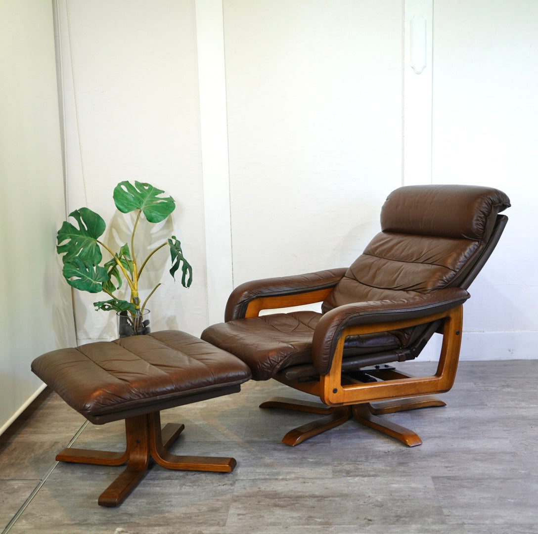 冨士ファニチア パーソナルチェア オットマン付 本革 ヴィンテージ