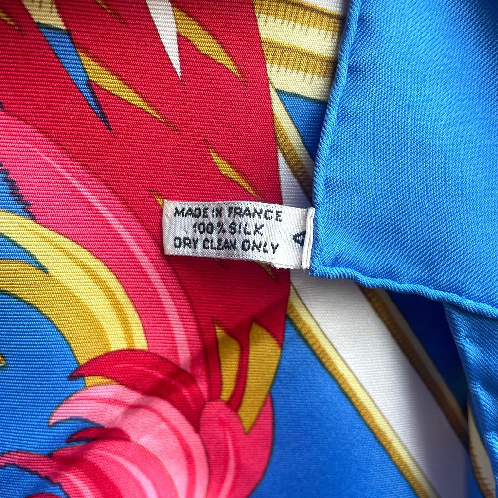 エルメス / HERMES スカーフ カレ 90 カリブ 花 鳥 青 シルク 中古