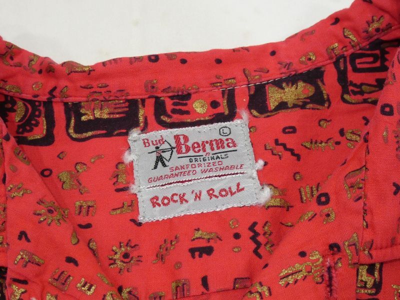 50s BUD Berma ROCK'N ROLL HIEROGLYPHIC ALL OVER PATTERN BOX SHIRT