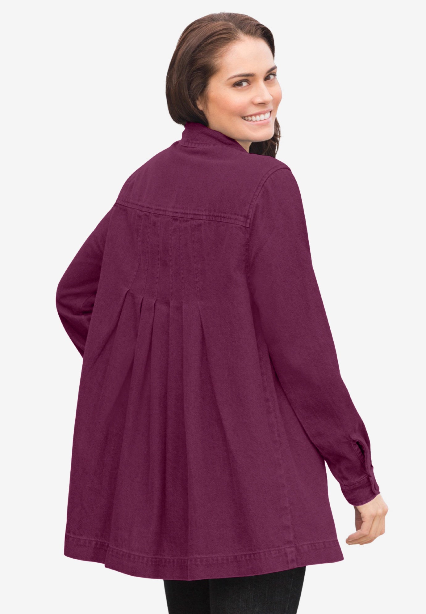 Pleat-Back Denim Jacket for Plus Sizes, Deep Claret | Woman Within
